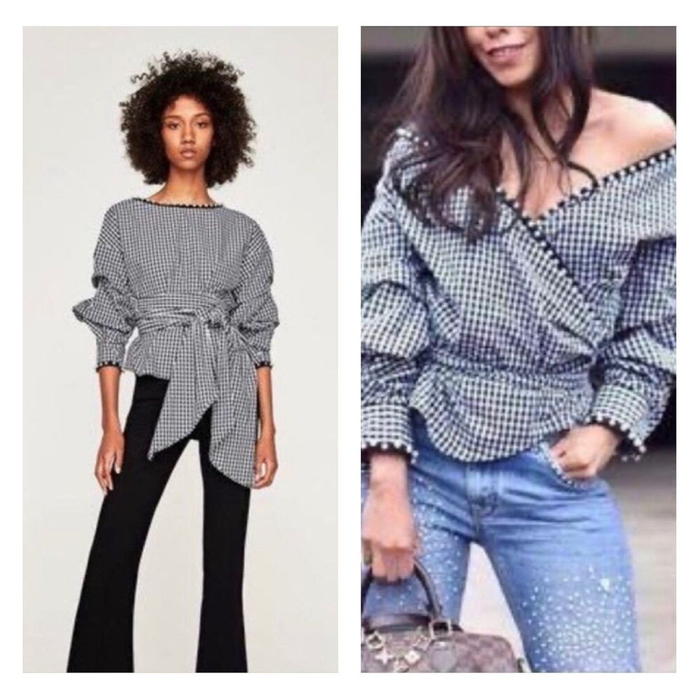 ZARA Black/White Gingham Pearl Trim Reversible Wrap Top, Sz XS